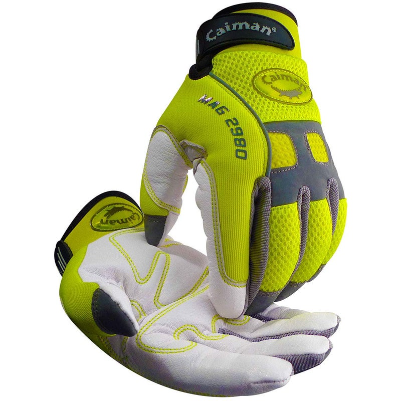 Caiman MAG, Hi-Vis Goat Grain Leather Multi-Activity Gloves, AirMesh Back, Padded Palms, Hi-Vis Yellow/White, Large (2980-5)